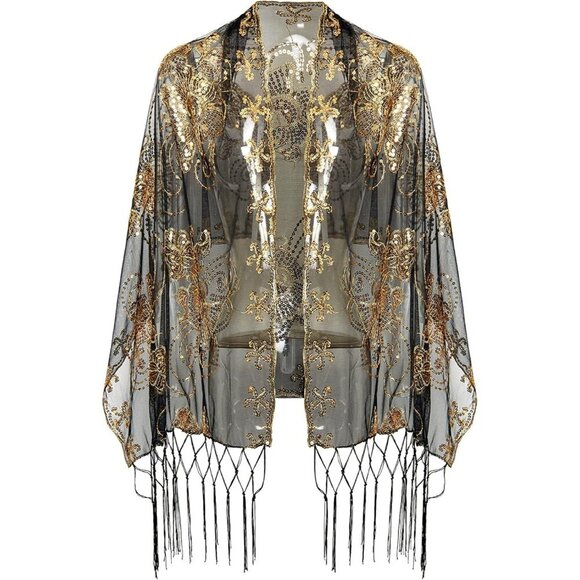 BABEYOND 1920s Sequined Peacock Shawl Wrap, Fringed Evening Cape for Weddings - Picture 1 of 6
